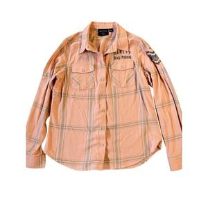 Harley‎ Davidson Womens Plaid Shirt Peach Top Long Sleeve Biker Star L